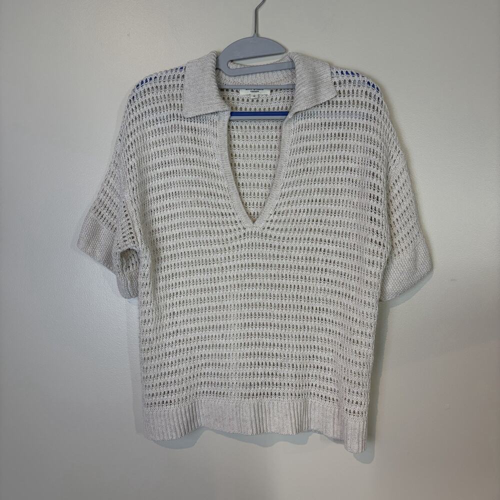Crochet Knit Top Cream Medium V Neck Women's Boho Chic Casual Festival Hippie